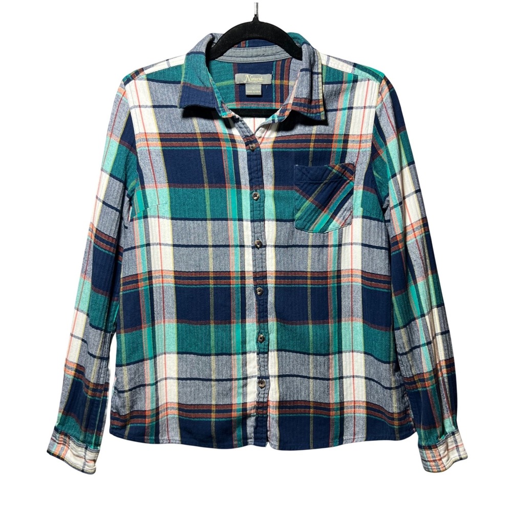 Natural Reflections‎ Womens Plaid Flannel Shirt Teal Navy Blue Cotton Size M